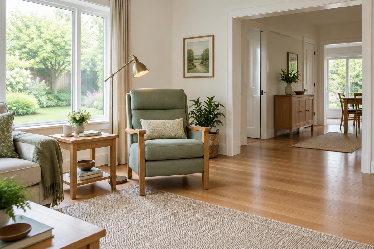 An illustrative home interior with a supportive armchair, reading lamp, and open walking space.
